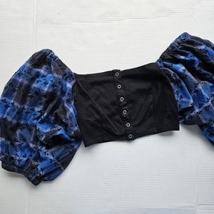 Urban Outfitters Plaid Puff Sleve Snap Crop Top S